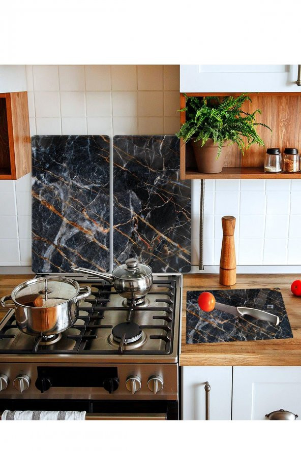 Takım Halinde Yaldızlı Mermer 20x30 Cm Kesme Tablası Ve 60x52cm Cam Ocak Koruyucu 4lü Ocaklar ürün görseli