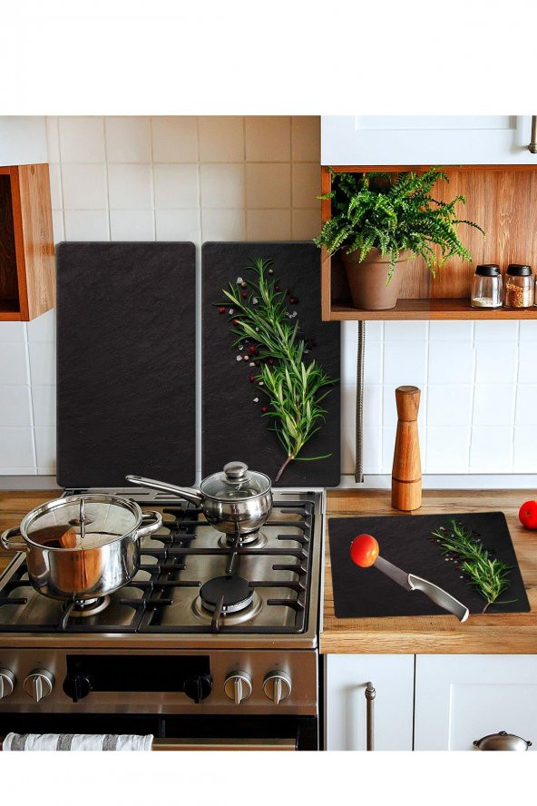 Takım Halinde Kekik 20x30 Cm Kesme Tablası Ve 60x52cm Cam Ocak Koruyucu 4lü Ocaklar