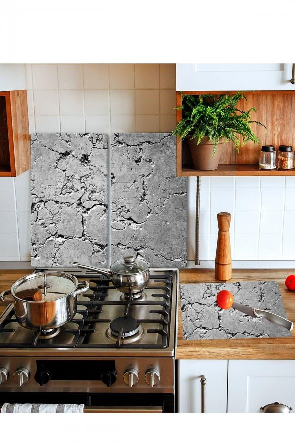 Takım Halinde Gri Taş Mermer 20x30 Cm Kesme Tablası Ve 60x52cm Cam Ocak Koruyucu 4lü Ocaklar