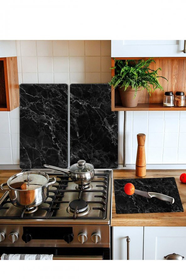 Takım Halinde Siyah Mermer 20x30 Cm Kesme Tablası Ve 60x52cm Cam Ocak Koruyucu 4lü Ocaklar