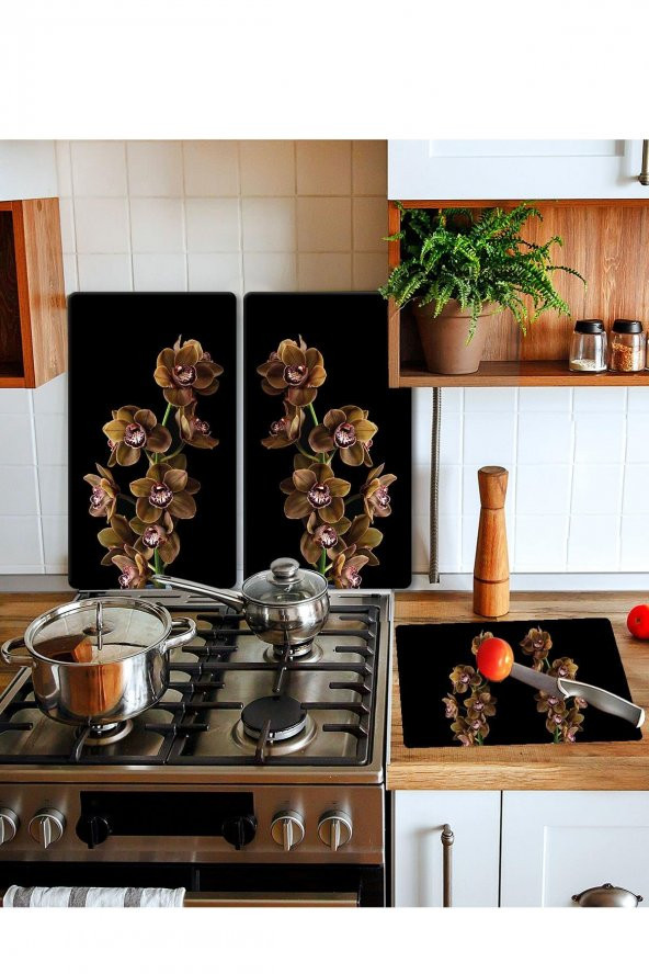 Takım Halinde Kahve Orkide 20x30 Cm Kesme Tablası Ve 60x52cm Cam Ocak Koruyucu 4lü Ocaklar ürün görseli
