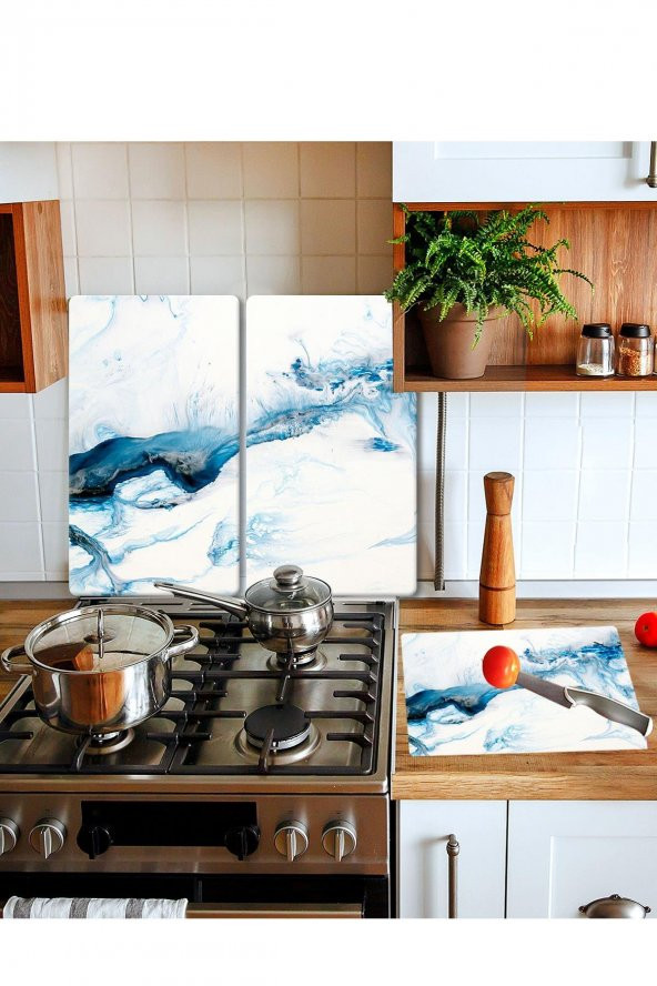 Takım Halinde Mavi Deniz 20x30 Cm Kesme Tablası Ve 60x52cm Cam Ocak Koruyucu 4lü Ocaklar ürün görseli