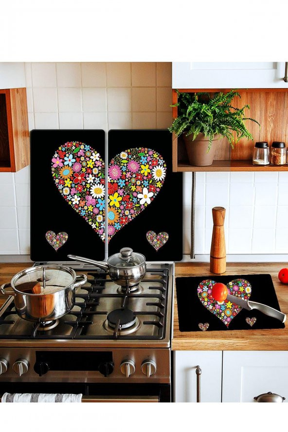 Takım Halinde Siyah Kalp 20x30 Cm Kesme Tablası Ve 60x52cm Cam Ocak Koruyucu 4lü Ocaklar ürün görseli