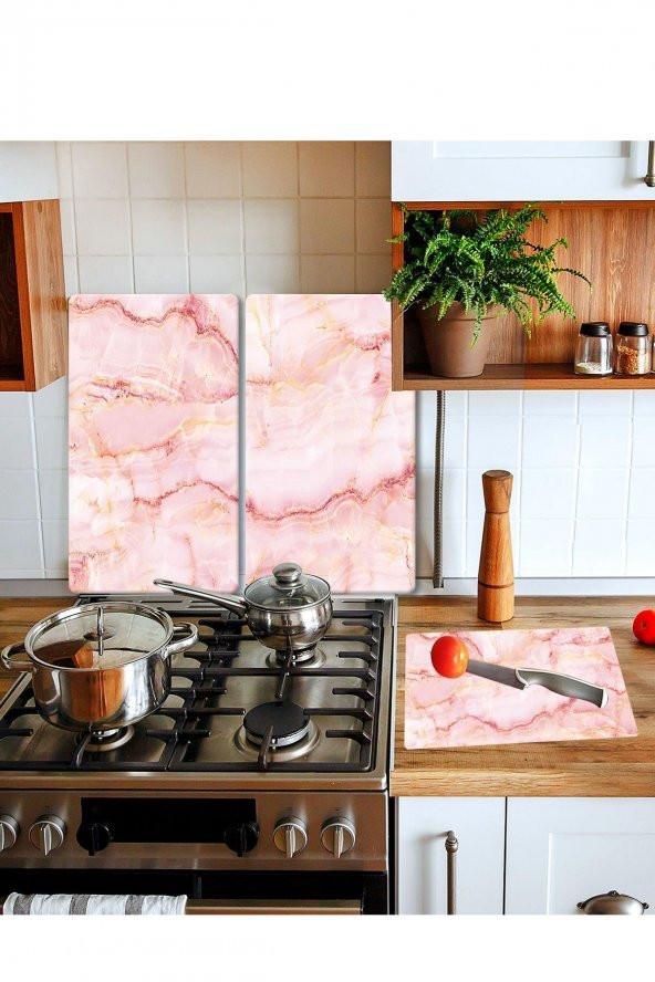 Takım Halinde Pembe Mermer 20x30 Cm Kesme Tablası Ve 60x52cm Cam Ocak Koruyucu 4lü Ocaklar ürün görseli