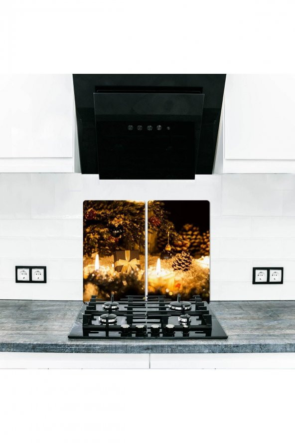 Cam Ocak Arkası Koruyucu ve Kesme Tahtası Yeni Yıl | 30cm x 52cm 2li ürün görseli