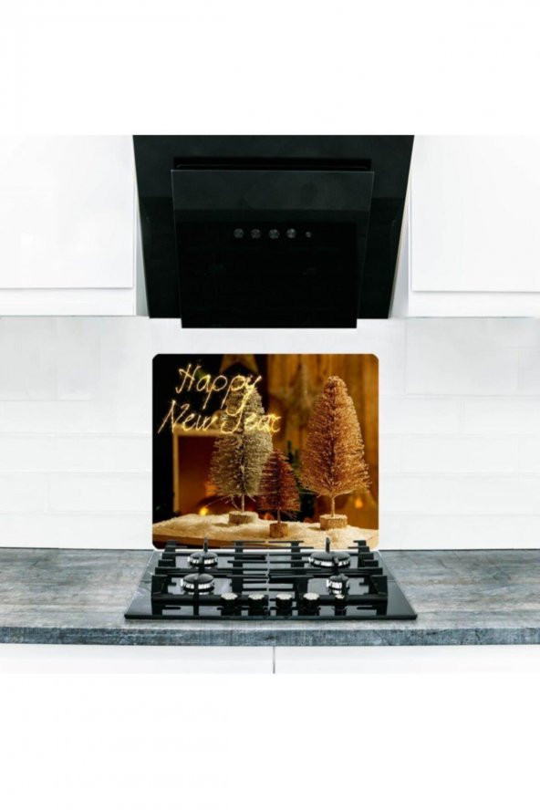 Cam Ocak Arkası Koruyucu ve Kesme Tahtası Mutlu Yıllar |  50cm x 56cm Tek Parça ürün görseli