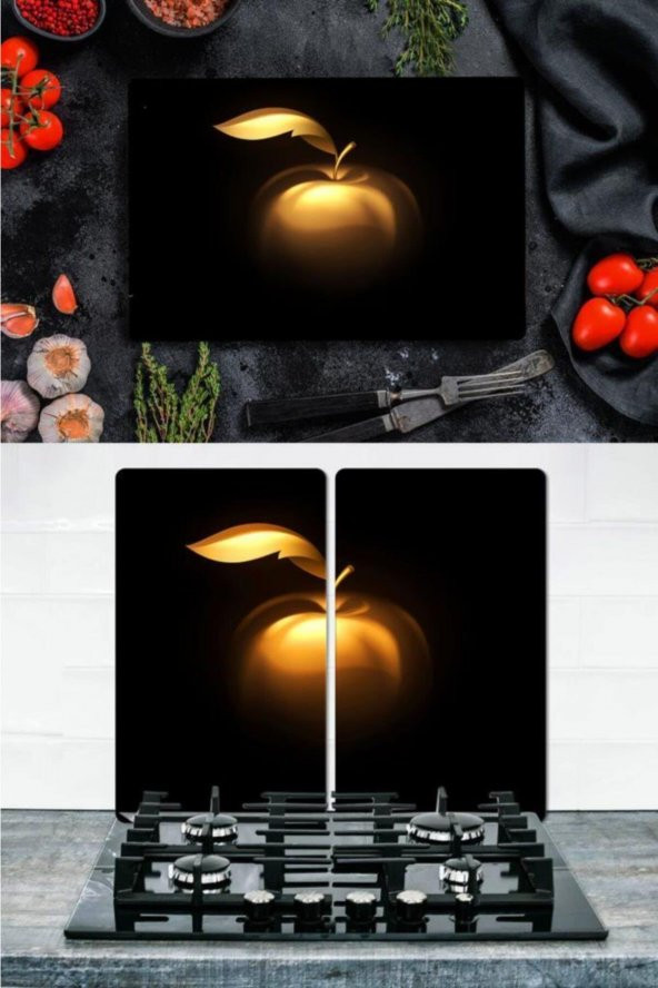 Takım Halinde Altın Elma 20x30 cm Kesme Tablası ve 60x52cm Cam Ocak Koruyucu 4lü Ocaklar - 1