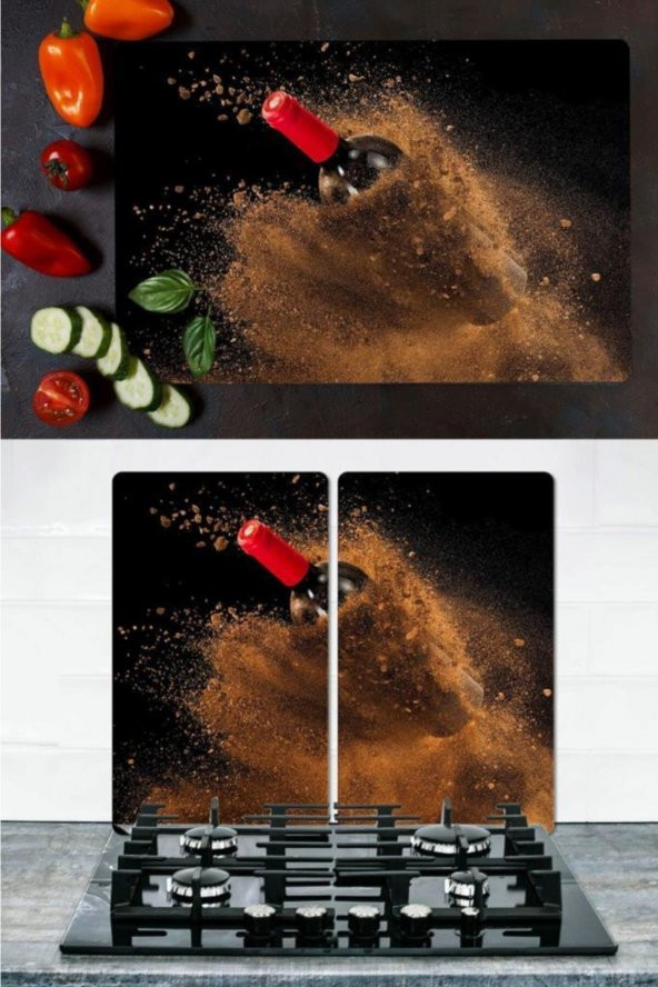 Takım Halinde Kum Şarabı 20x30 cm Kesme Tablası ve 60x52cm Cam Ocak Koruyucu 4lü Ocaklar ürün görseli