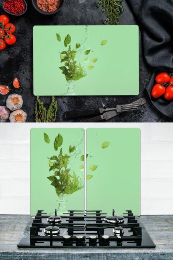 Takım Halinde Nane  20x30 cm Kesme Tablası ve 60x52cm Cam Ocak Koruyucu 4lü Ocaklar