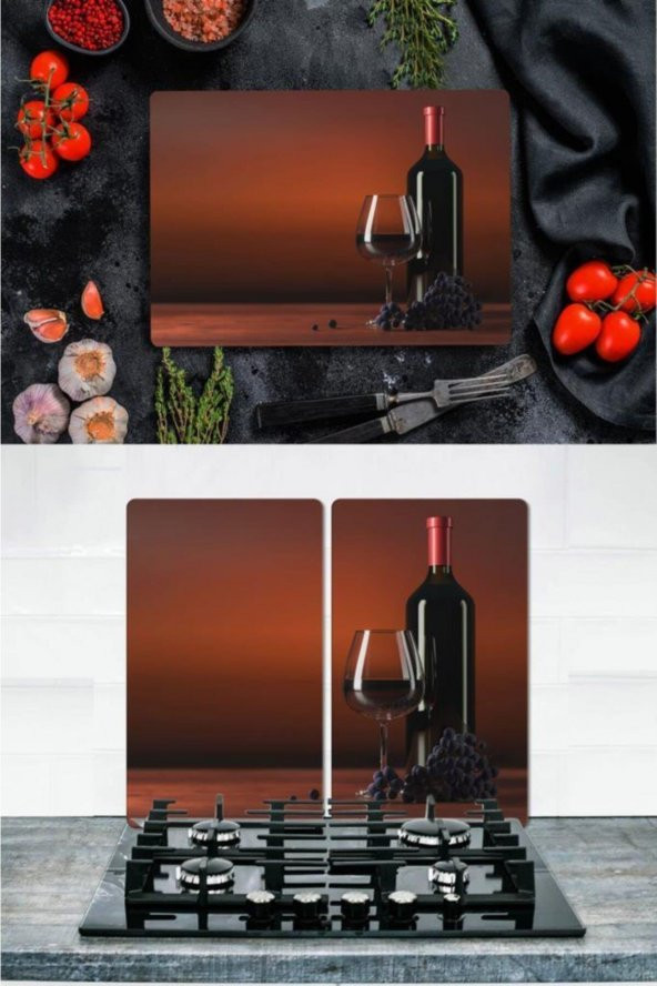 Takım Halinde Üzüm Şarabı 20x30 cm Kesme Tablası ve 60x52cm Cam Ocak Koruyucu 4lü Ocaklar ürün görseli