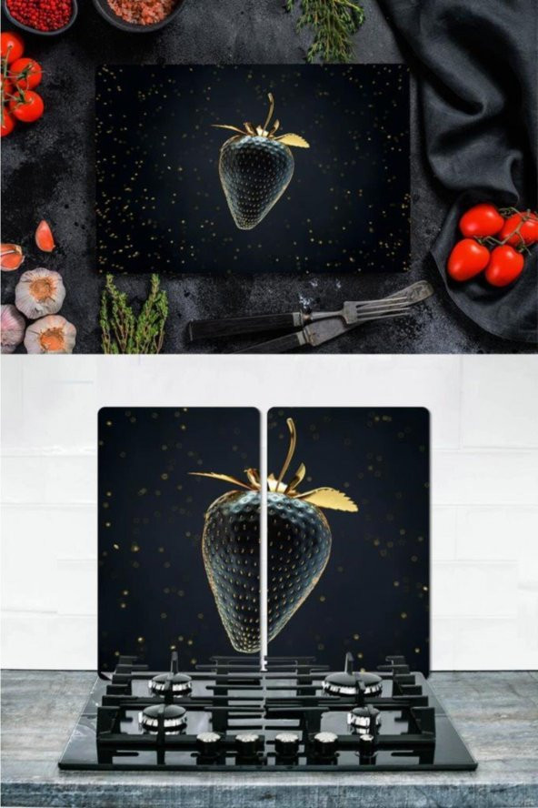 Takım Halinde Altın Çilek 20x30 cm Kesme Tablası ve 60x52cm Cam Ocak Koruyucu 4lü Ocaklar