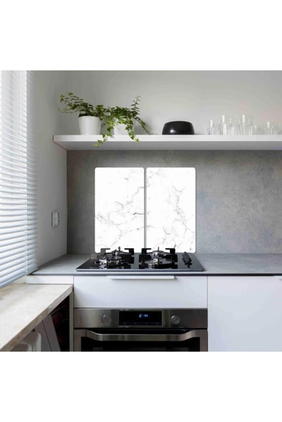 2'li 40x52cm Takım - Siyah - Beyaz Mermer Desenli - Ocak Koruyucu - Cam Kesme Tahtası ürün görseli 1