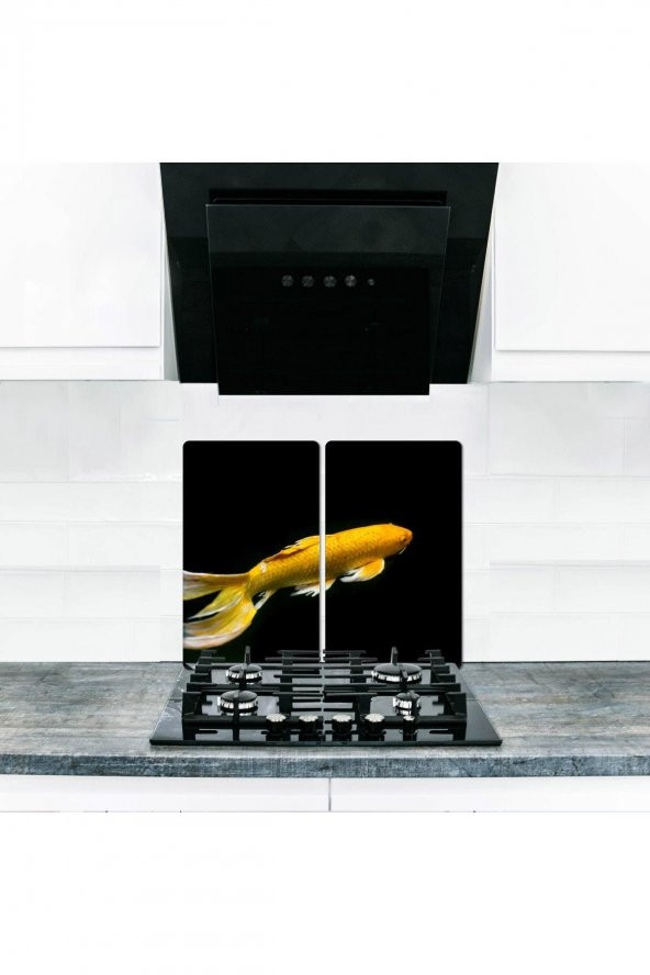 Cam Ocak Koruyucu ve Kesim Tablası Sarı Balık (60cm x 52cm) 2 Parça, 4lü Ocaklar
