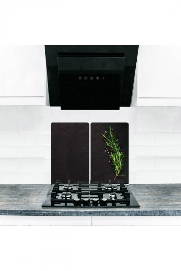 Cam Ocak Koruyucu ve Kesim Tablası Kekik (80cm x 52cm) 2 Parça, 5li Ocaklar