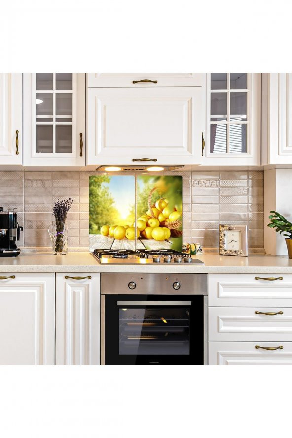 2 li 40x52 cm Limon Sepeti Desenli Cam Kesim Tablası ve Ocak Koruma