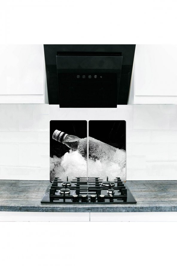 Cam Ocak Koruyucu ve Kesim Tablası Buzlu Şişe (60cm x 52cm) 2 Parça, 4lü Ocaklar