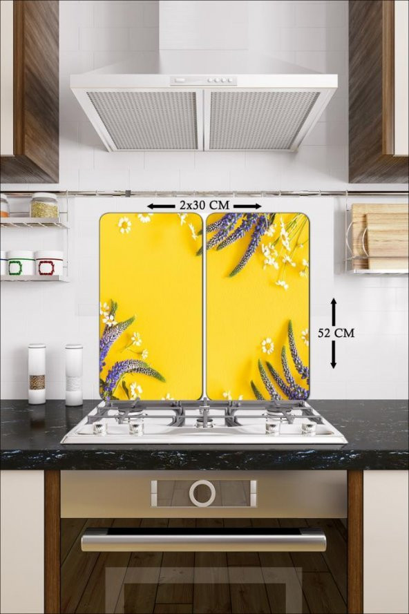Dekoratif  Cam Ocak Koruyucu ve Kesim Tablası Sarı Karanfil 60cm x 52cm 2 Parça, 4lü Ocaklar - 2