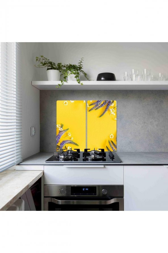 Dekoratif  Cam Ocak Koruyucu ve Kesim Tablası Sarı Karanfil 60cm x 52cm 2 Parça, 4lü Ocaklar