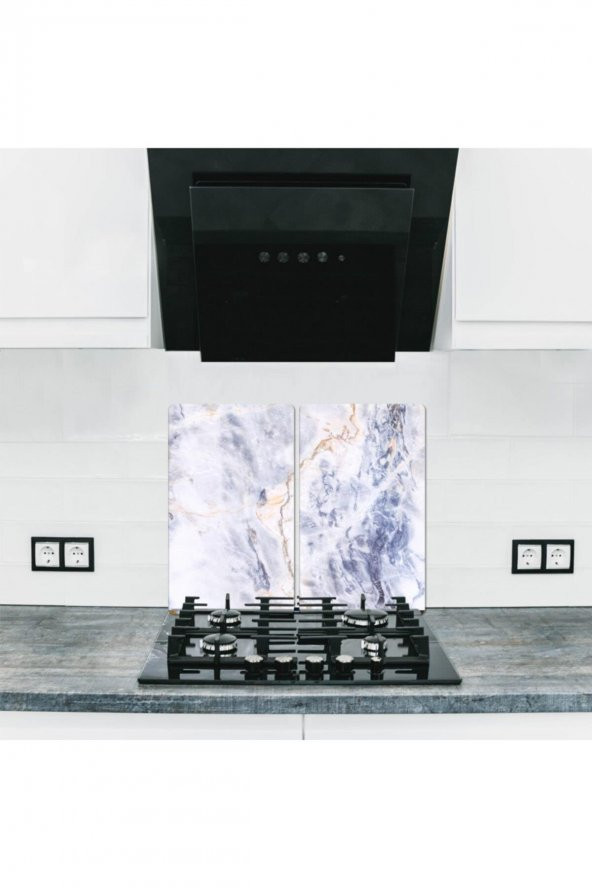 Dekoratif Cam Ocak Koruyucu ve Kesim Tablası Mavi Mermer 60cm x 52cm 2 Parça, 4lü Ocaklar