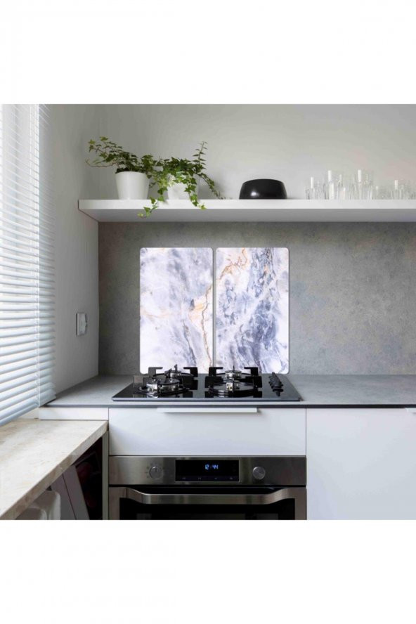 Dekoratif Cam Ocak Koruyucu ve Kesim Tablası Mavi Mermer 60cm x 52cm 2 Parça, 4lü Ocaklar - 2