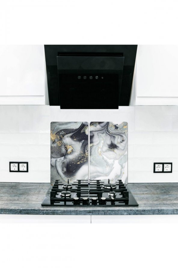 Dekoratif Cam Ocak Koruyucu ve Kesim Tablası Gri Altın Mermer 60cm x 52cm 2 Parça, 4lü Ocaklar