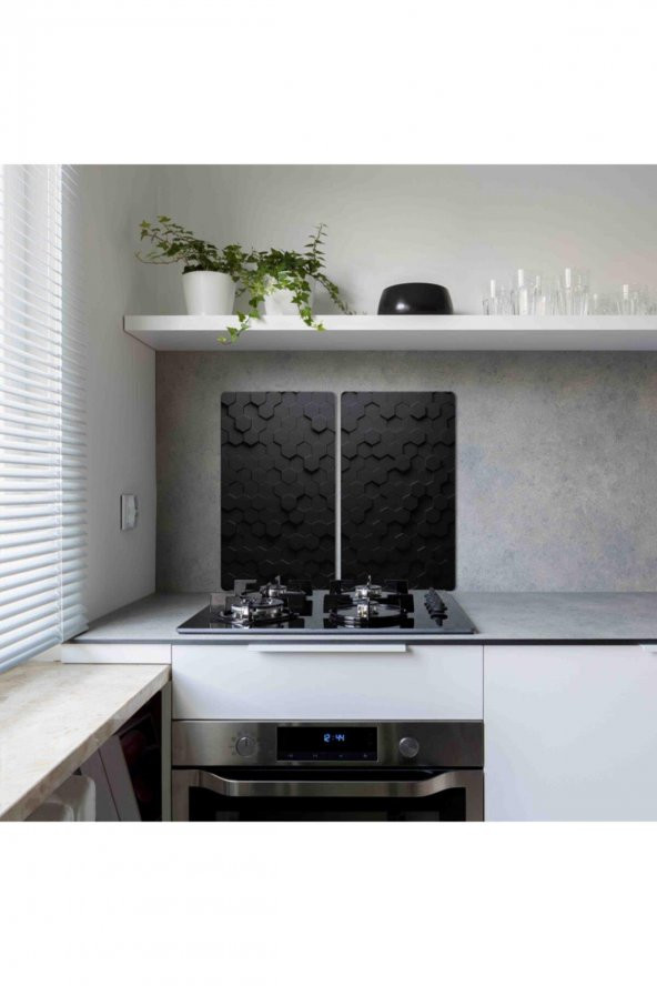 2 li 30x52 cm Siyah Altıgen Desenli Cam Kesim Tablası ve Ocak Koruyucu - Resim 2