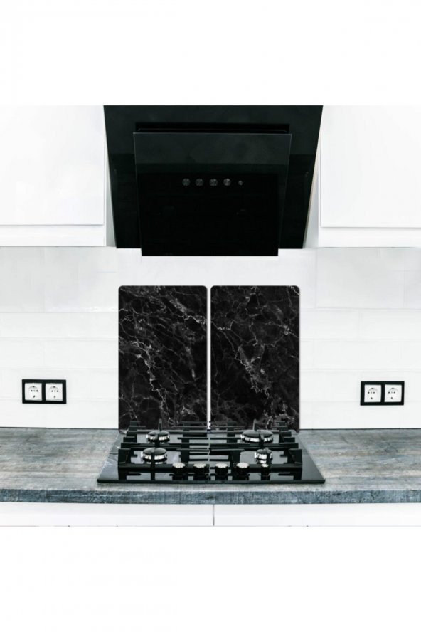 Dekoratif Cam Ocak Koruyucu ve Kesim Tablası Siyah Mermer 60cm x 52cm 2 Parça, 4lü Ocaklar - Resim 2