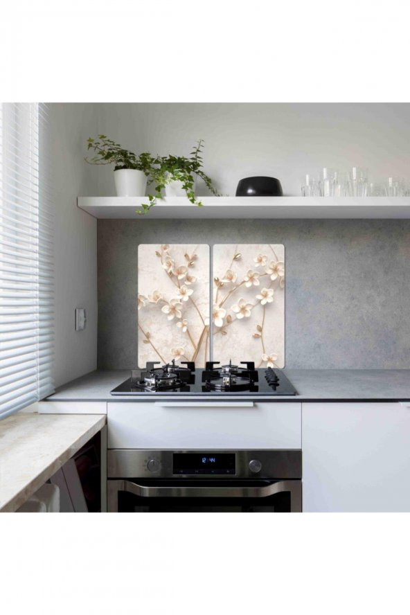 Dekoratif Cam Ocak Koruyucu ve Kesim Tablası Yapay Guller 60cm x 52cm 2 Parça, 4lü Ocaklar