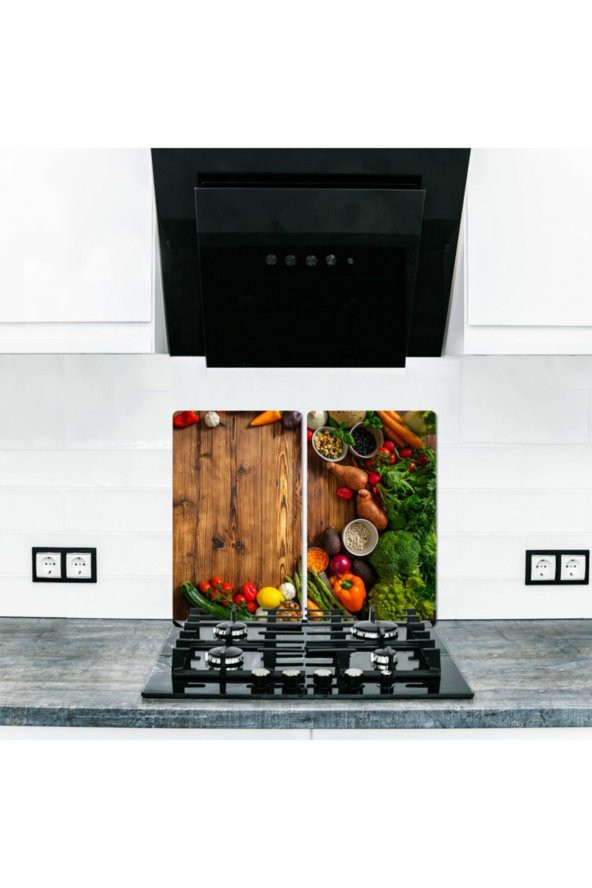 Dekoratif Cam Ocak Koruyucu ve Kesim Tablası Tahta ve Ahşap ve Sebzeler 60cm x 52cm 2 Parça, 4lü Ocaklar