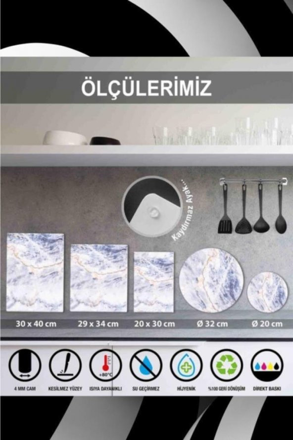 3lü Takım Beyaz Mermer Desenli | Cam Kesme Tahtası - Cam Kesme Tablası - 2