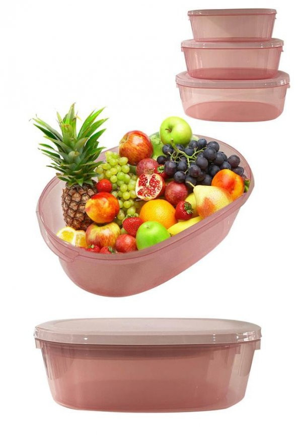 3Lü Oval Erzak Saklama Kabı Pembe