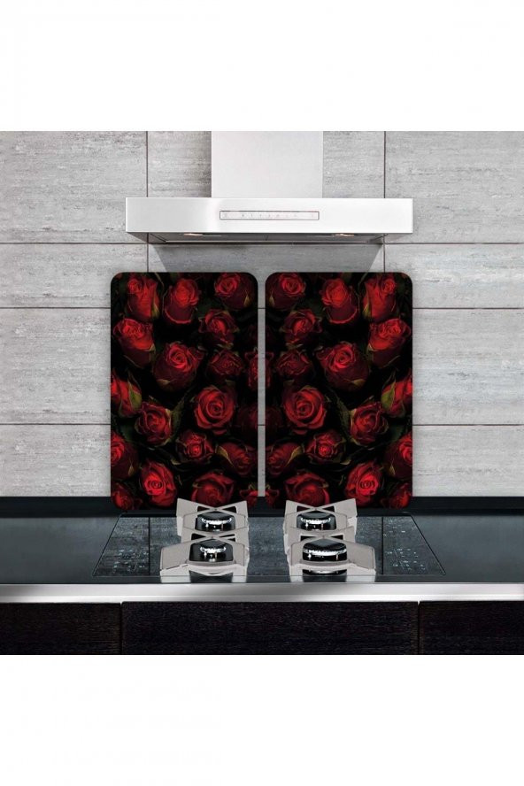 Cam Ocak Koruyucu ve Kesim Tablası Kırmızı Güller (80cm x 52cm) 2 Parça, 5li Ocaklar