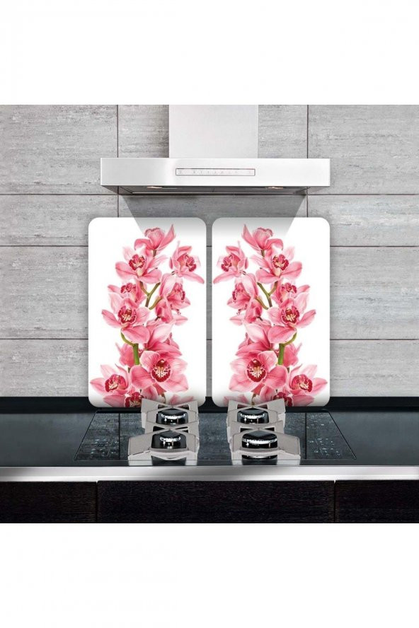 Cam Ocak Koruyucu ve Kesim Tablası Pembe Orkide (80cm x 52cm) 2 Parça, 5li Ocaklar