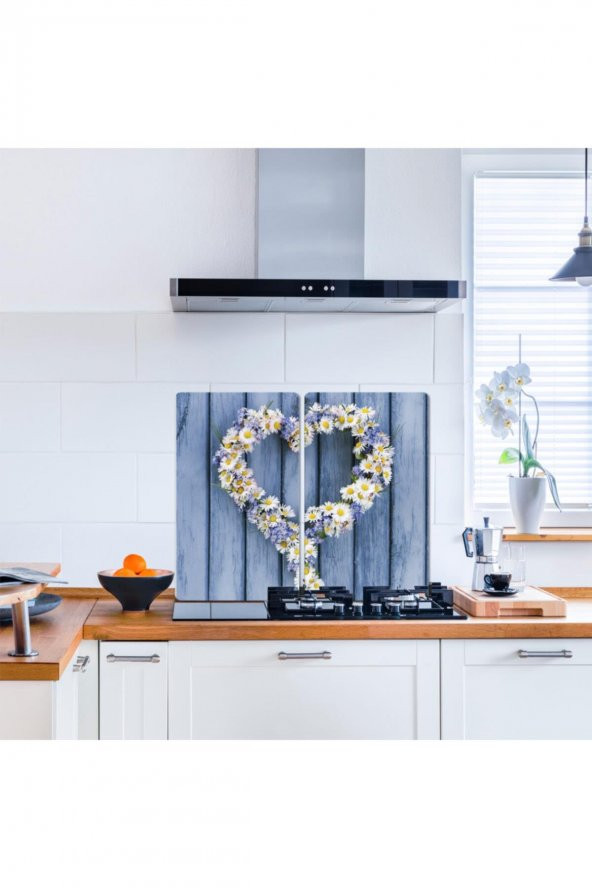 Cam Ocak Koruyucu ve Kesim Tablası Papatya Kalp (80cm x 52cm) 2 Parça, 5li Ocaklar