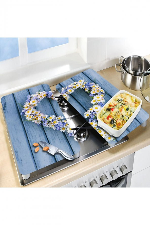 Cam Ocak Koruyucu ve Kesim Tablası Papatya Kalp (80cm x 52cm) 2 Parça, 5li Ocaklar - 3