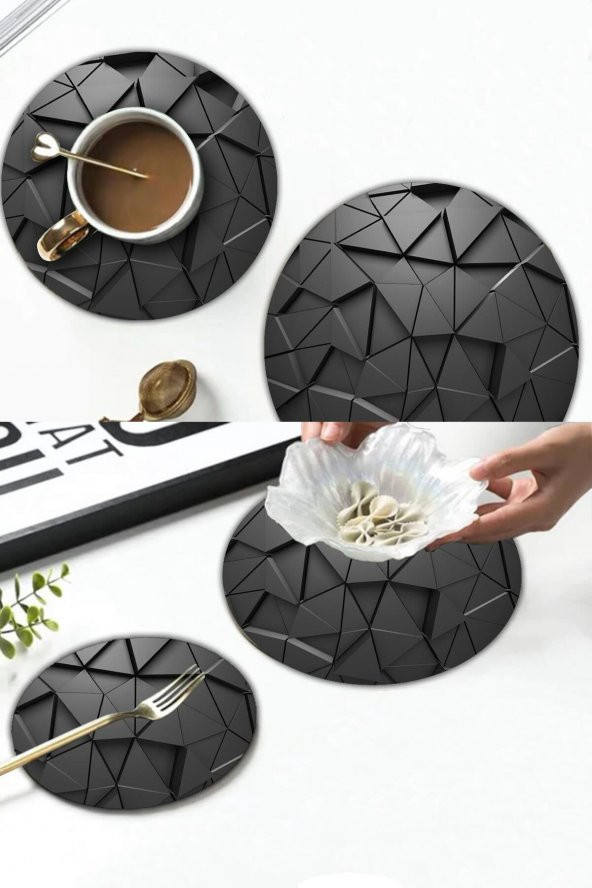 Siyah Üçgenler Desenli Cam Sunum Tepsisi 2li Takım Çap 32 & Çap 20 ürün görseli