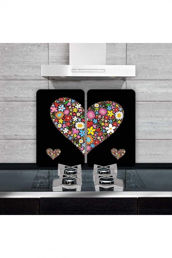 2 li 40x52 cm Siyah Kalp Desenli Cam Kesim Tablası ve Ocak Koruma - 2