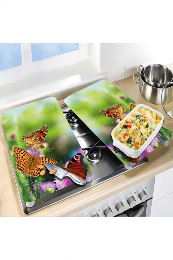 2 li 40x52 cm Renkli Kelebekler Desenli Cam Kesim Tablası ve Ocak Koruma - 2