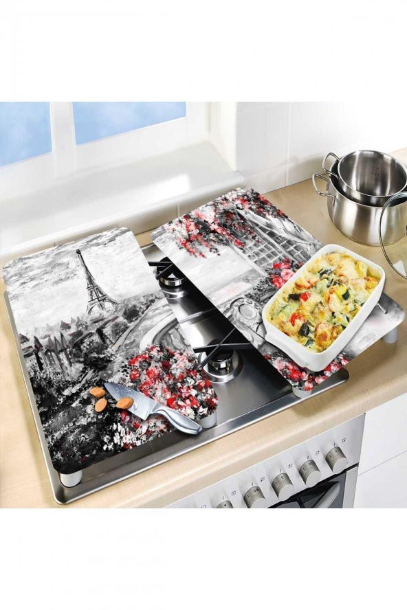 2 li 40x52 cm Paris Desenli Cam Kesim Tablası ve Ocak Koruma - 2