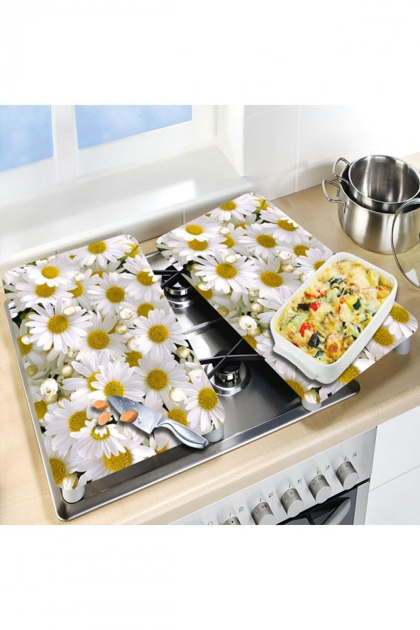 2 li 40x52 cm Papatya Çiçeği Desenli Cam Kesim Tablası ve Ocak Koruma - 2