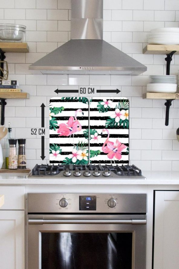 2 li 30x52 cm Flamingo & Çiçekler Desenli Cam Ocak Arkası Koruyucusu - 2
