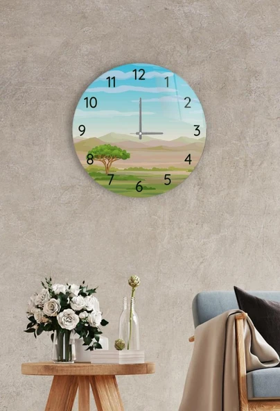 Çap 37 cm Afrika Savanı Dekoratif Cam Duvar Saati ürün görseli