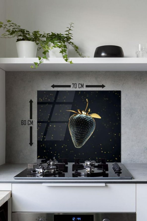 60 x 70 cm Altın Çilek Desenli Cam Ocak Arkası Koruyucu - 2