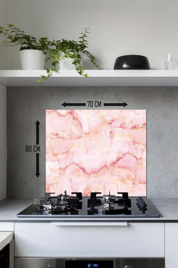 60 x 70 cm Pembe Mermer Desenli Cam Ocak Arkası Koruyucu - Resim 2