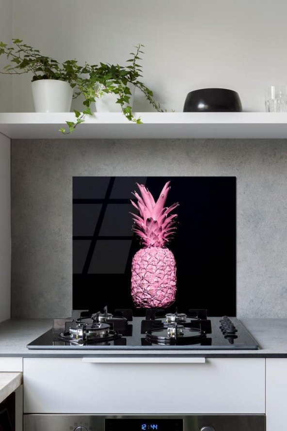60 x 70 cm Siyah Ananas Desenli Cam Ocak Arkası Koruyucu