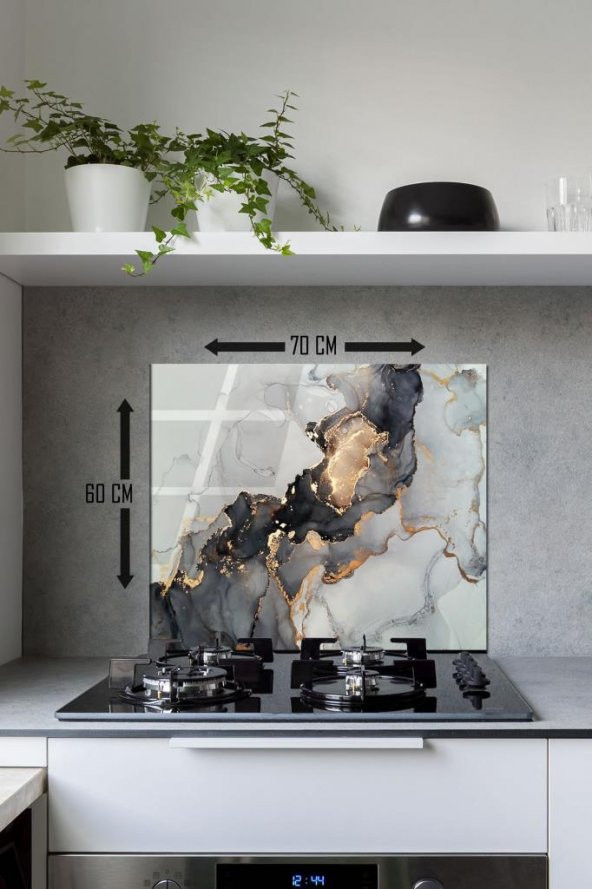 60 x 70 cm Siyah Yaldızlı Desenli Cam Ocak Arkası Koruyucu - Resim 2