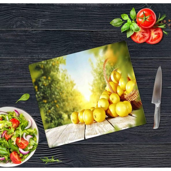 Sabanbaba Dekoratif Cam Kesme Tahtası Limon Sepeti 30 x 40 cm | Cam Kesme Tablası