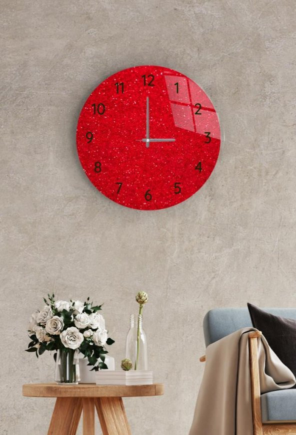 Çap 37 cm Kırmızı Parıltı Dekoratif Cam Duvar Saati