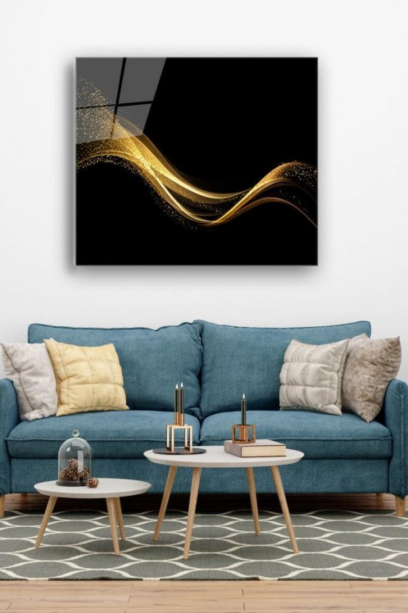 60 x 70 cm Altın Dalga Desenli Cam Tablo 4mm Temperli Camdır - 1