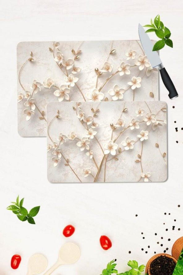 2 li Takım 30x40 cm ve 20x30 cm Yapay Güller Desenli Cam Kesim Tablası ve Ocak Koruma ürün görseli